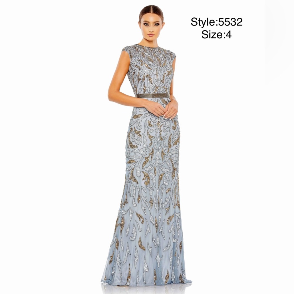 Embellished illusion cap sleeve long gown